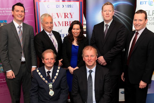 Pictured Back Row (L-R) Niall Parfitt, Logon N.I, Sean Rogers MLA, Colleen Dowdall, Acting Chief Executive, Newry Chamber of Commerce, Paul Convery, Head of NI Business, BT and Martin Patterson, Enterprise Development Officer, Newry and Mourne District Council. Front row Mayor of Newry and Mourne District Council, Councillor John McArdle and Dr Sinclair Stockman DNI 2020